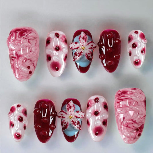 Handmade Press on Nails Medium Almond Fake Nails Press Ons Red 3D Luxury Charm Flower Full Cover Stick on Nails Rhinestone Glue on Nails Floral for Women Girls (Painting Water S)