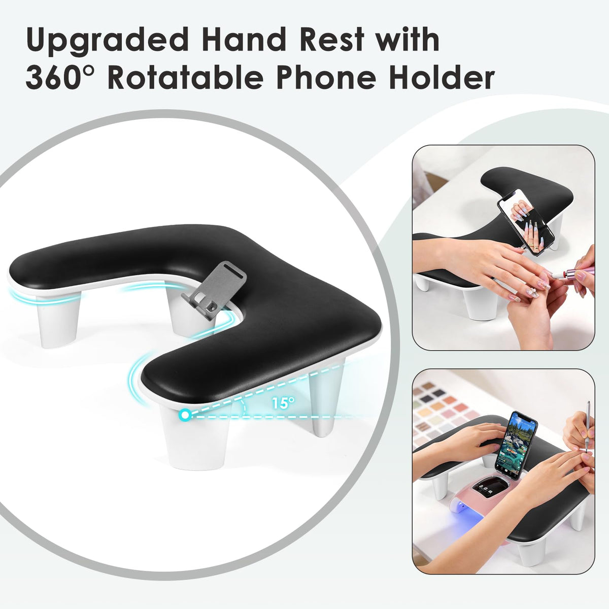 LIONVISON Arm Rest for Nails Tech: U Shaped Ergonomic Nail Hand Rest Stand PU Leather with Rotating Phone Holder for Nail Salon Manicurist (Black)
