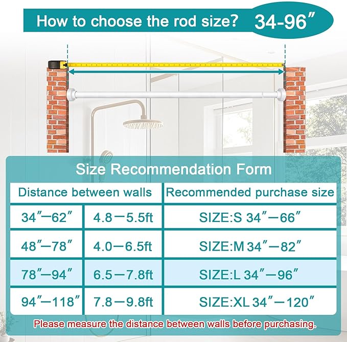 YNL Tension Shower Curtain Rod 34-96 Inches（2.8-8ft) Adjustable Spring Shower Rod No Drilling, Non-Slip, Never Rust, Stainless Steel, Suitable for Bathroom Window Kitchen,White