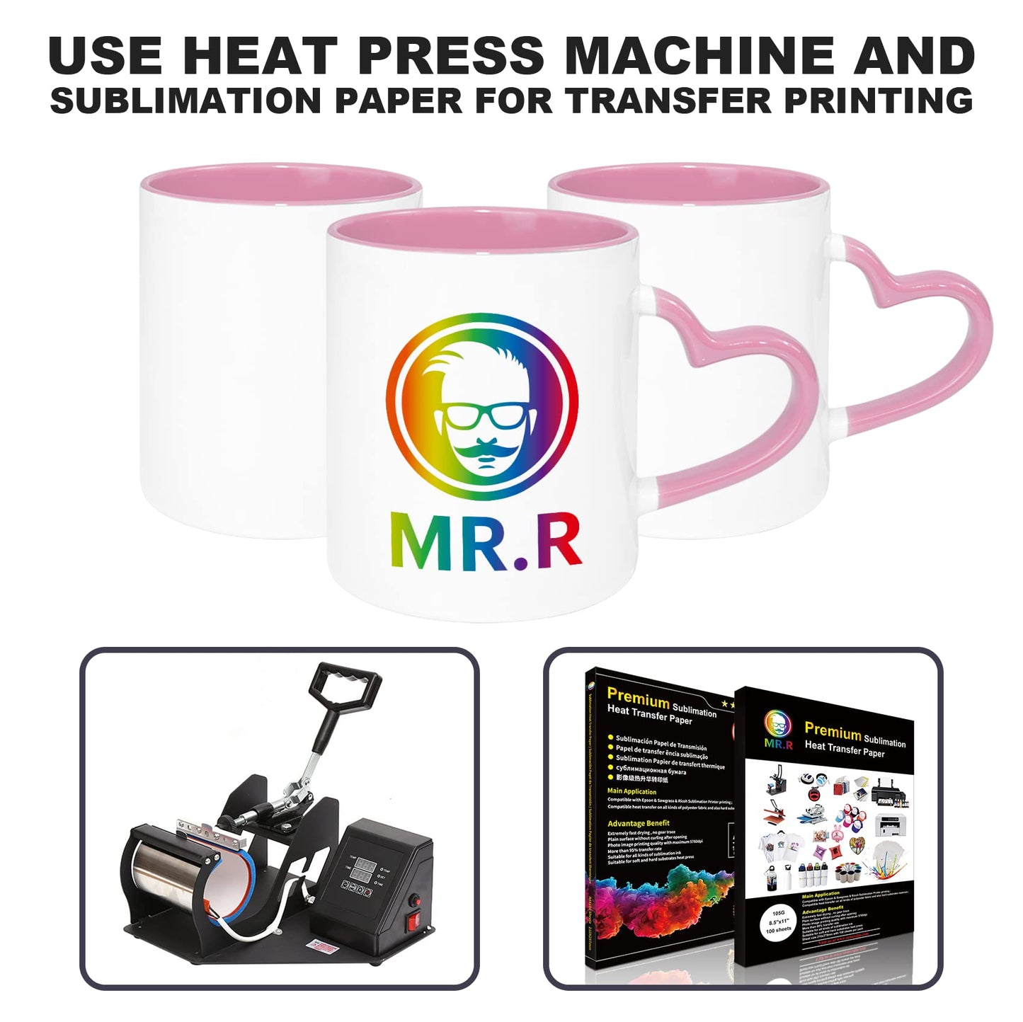 MR.R 11oz Ceramic Coffee Mug, 36PCS Set, Sublimation Blank, Pink, Modern Heart Design, Dishwasher Safe, Reusable