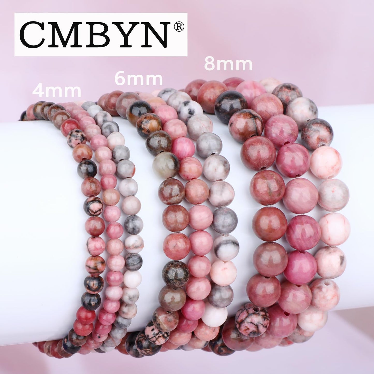 CMBYN 3-Pieces 6mm Natural Crystal Gemstone – ﻿Rhodochrosite, Pink Zebra, Pink Black Rhodonite Handmade Reiki Energy Healing Stretch Bracelets Jewelry for Yoga, Meditation, Unisex