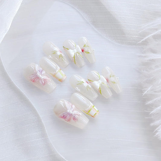 Larsooy Handmade Reusable False Nails | Medium Long Coffin Style with Butterflies and Flowers Pattern | 10 Pcs (Flower Field, M)