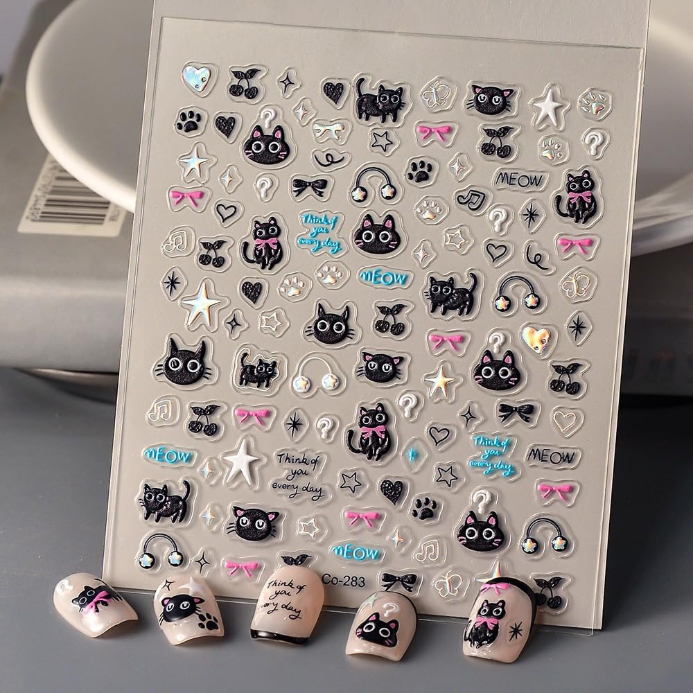 5D Embossed Cat Nail Art Stickers Star Heart Nail Stickers Music Black Cat Nail Decals Self-Adhesive with Cherry Designs Daily Nail Supplies for Women Girls Acrylic Nails DIY Manicure Nail Decorations