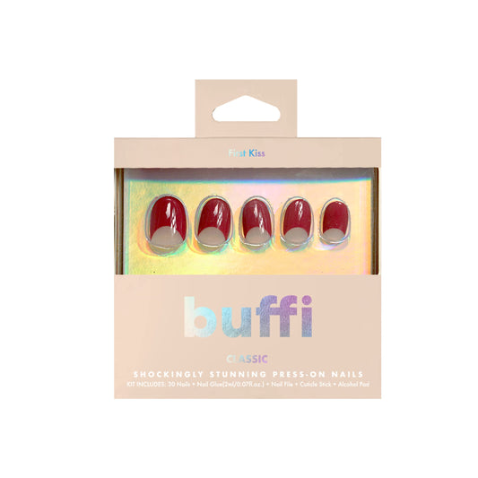 BUFFI Press-On Nails First Kiss - Short Round Oval Nail Tips in Red Crescent Half-Moon Design - Classic Y2K-Inspired Fake Nails with Glue - 28Pcs False Nails Kit with Nail File, Prep Pad & Stick