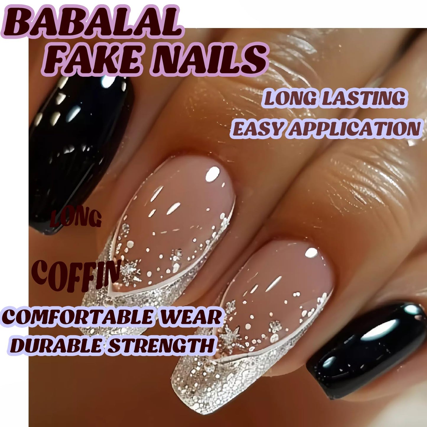 BABALAL Press on Nails Long Coffin Fake Nails Black Glue on Nails Glitter Bling Shine Acrylic Nails 24Pcs Ballerina Stick on Nail Supplies DIY Manicure Thick French Tip False Nail Art