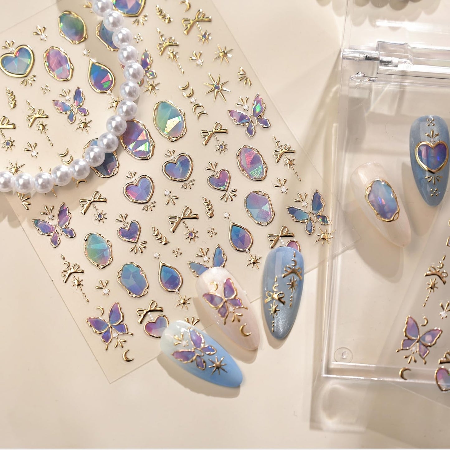 Nxtpz Nail Stickers Gilded Butterfly Nail Art Stickers Court-Style Gemstone Nail Decals 5D Embossed Self Adhesive Design Sticker Nails Decoration for Women Manicure Accessories