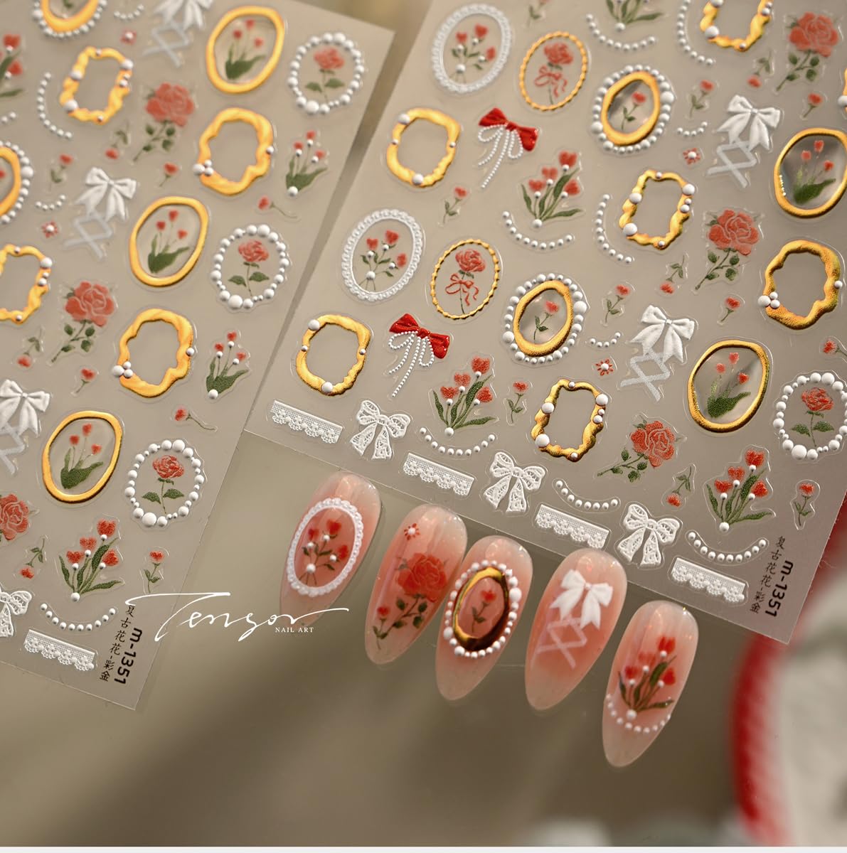 Flower Nail Stickers Tulip Floral Nail Decals with Gold-Trimmed Frames Design,Self-Adhesive Spring Stickers for Natural Acrylic Nails,Easy Apply DIY Manicure Decor for Women Girls 1 Sheet