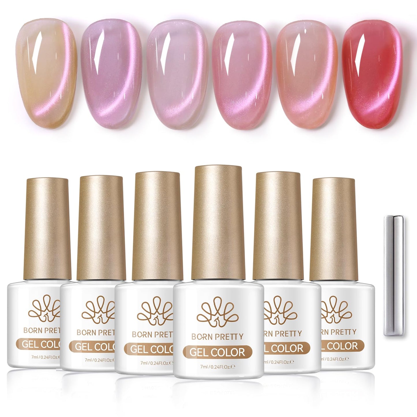 Born Pretty Spring Summer Pink Cat Magnetic Eye Gel Nail Polish Jelly Rose Pink Purple Crystal Glass Magnetic Shimmer Glitter Gel Polish Salon DIY Valentines Gift for Women 7ML 6PCS