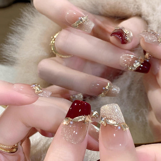 GLORS Press on Nails, Red Cat Eye False Nails with Gold Glitter, Short Square Shape, 10 Pieces (XS, SS)