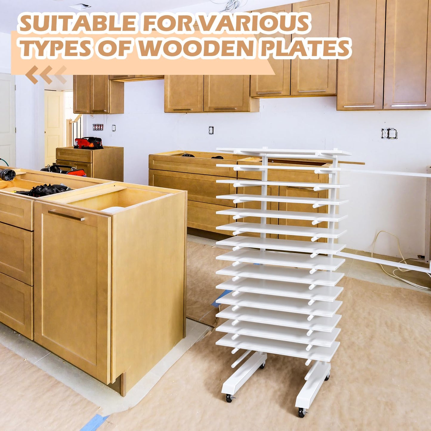 Colingmill 1 Pack 15 Tier Cabinet Doors Paint Drying Rack with Casters 16 in Rods 20 in Base White Powder Coated Iron Detachable Crossbars Space Saving for Painted Wood Panels Doors