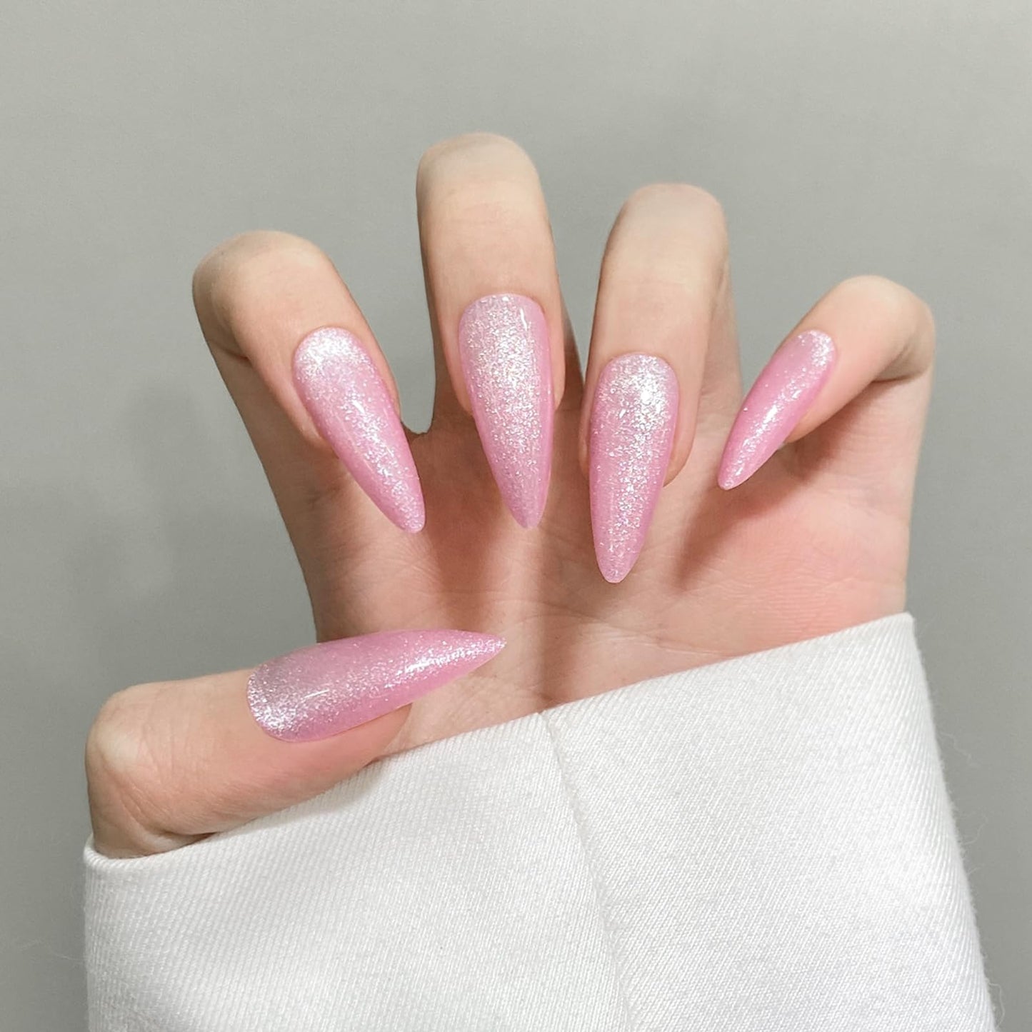 Pink Almond Cat Eyes Press On Nails,12 Sizes - 24 Pcs Soft Gel Pink Medium Fake Nails Kit with Nail Glue, Natural Reusable Stick On False Nails for Women and Girls SK1011