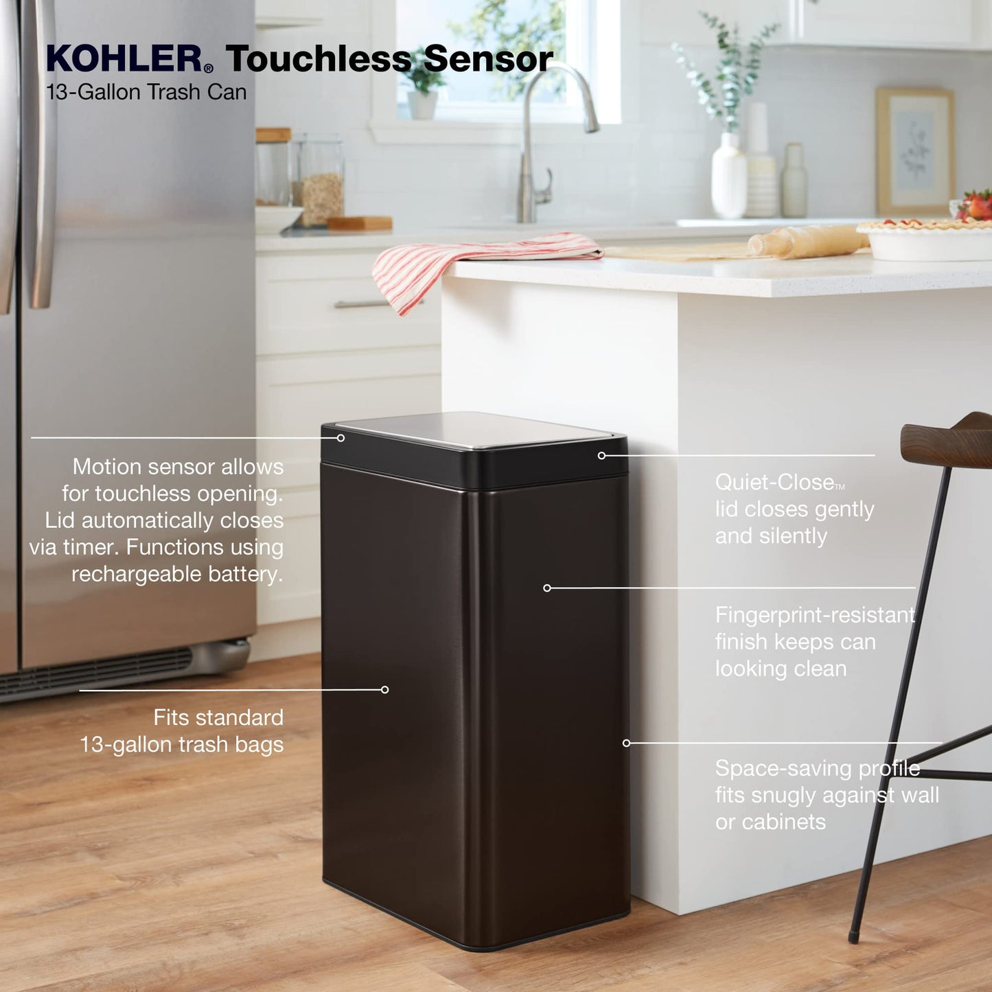 Kohler 23825-BST 13-Gallon Touchless Black Stainless Steel Trash Can, Hands-Free Motion Sensor Lid, Durable, Fingerprint-Resistant, Easy to Clean, K-23825-BST
