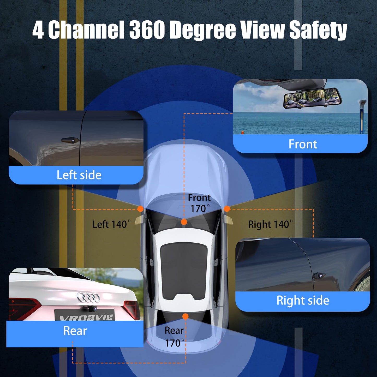 360 Degree View 4 Channel Mirror Dash Cam Detached Camera for Cars，Dash Cam Front and Rear Side(Left,Right),12'' Rear View Mirror Camera1080Px4,WiFi,Night Vision,GPS,Parking Monitor,Free 128GB Card