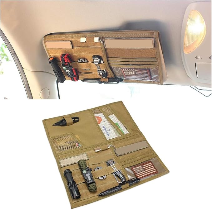 Tactical Molle Car Sun Visor Organizer, Large Molle Visor Panel Storage Pouch Holder, Tactical Gear Truck Storage Shelf, 600D Car Sunshade Storage Bag for Large Vehicle (Khaki)