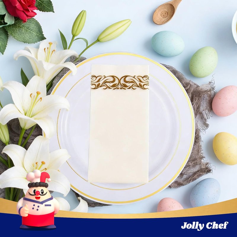 JOLLY CHEF 100 Disposable Hand Towels, Soft and Absorbent Linen Feel Dinner Napkin, Elegant Decorative Paper Guest Towels for Kitchen, Bathroom,Thanksgiving, Weddings,Parties, Gold and White