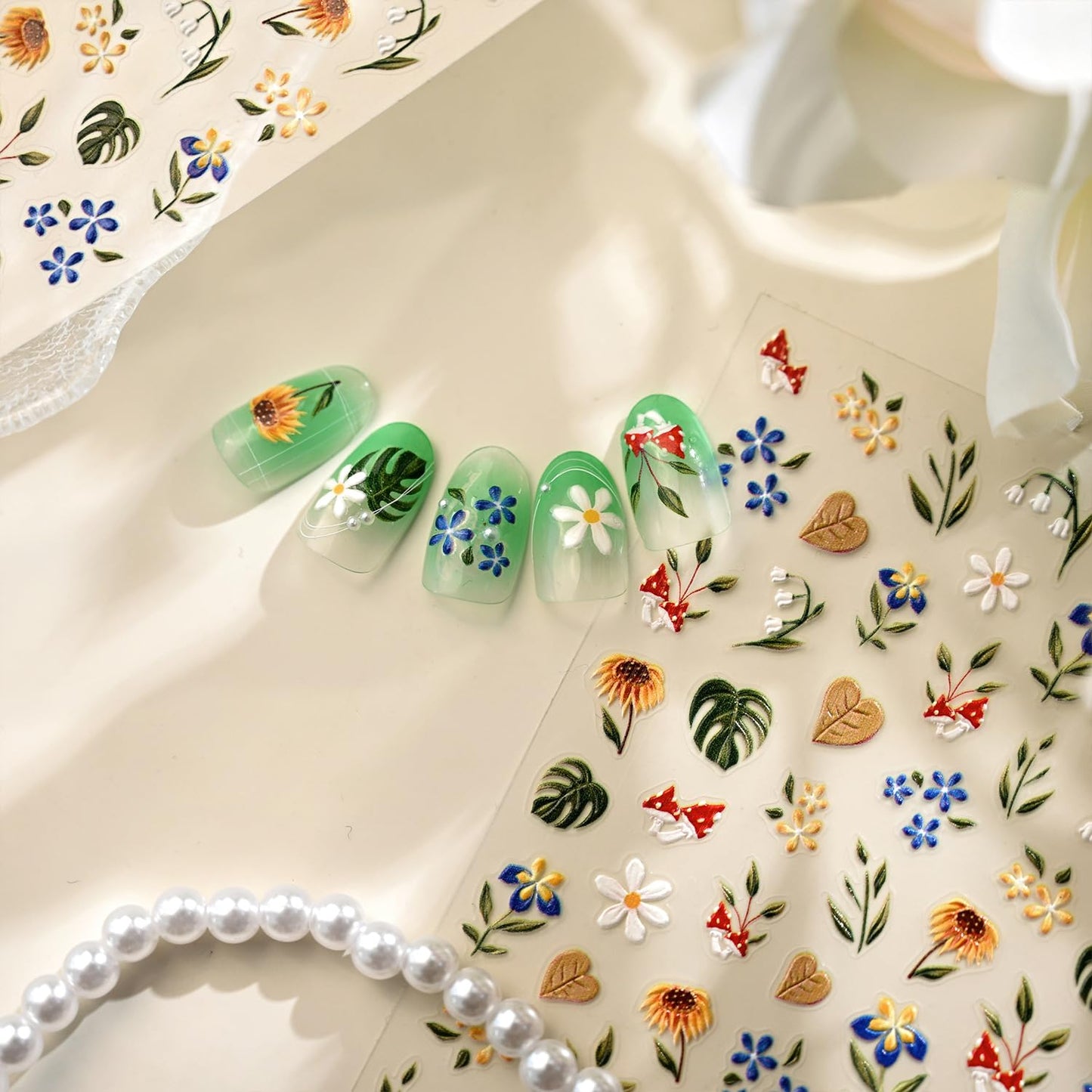 Flower Nail Stickers for Spring Nail Art 5D Embossed Nail Stickers with Green Leaf Daisy Design Nail Art Stickers Decals Manicure Decorations Self-Adhesive for Women Nail Supplies