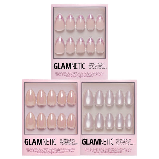 Glamnetic Press-On Nails Bundle - Seleinite, Rock Candy & Los Angeles | Soft White Sparkle Fake Nails | Pink Metallic Chrome French Tips | Blush Nude Pink Short Almond Nails