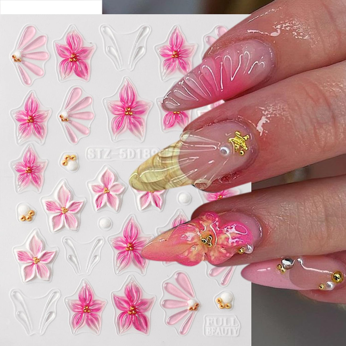 5D Embossed Flower Nail Art Stickers, 5 Sheets Self-Adhesive 3D Floral Nail Decals with Floral, Starfish, Bow & Lemon Designs Cute Summer Nail Art Supplies Sticker for DIY Manicure Decoration