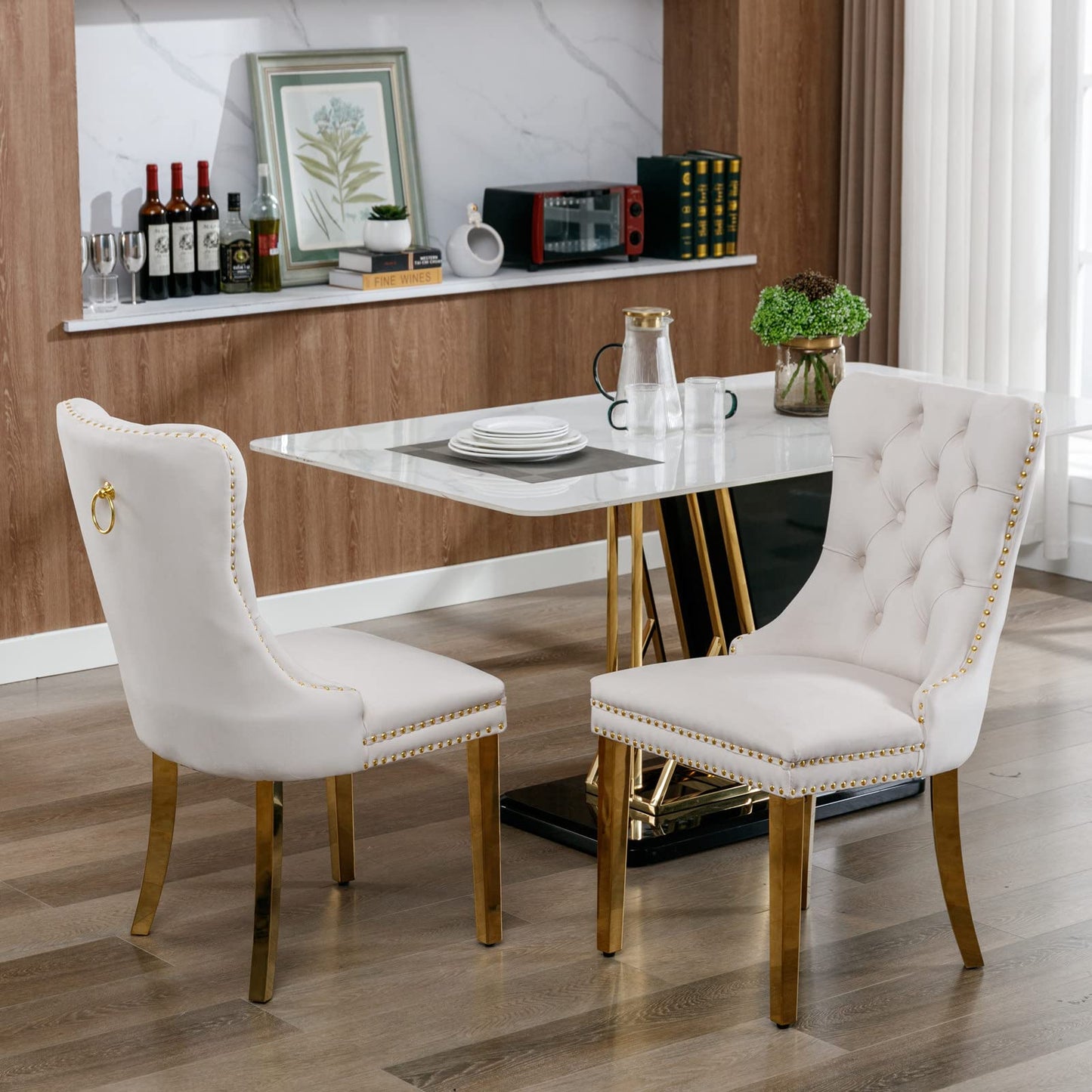 70" Faux Marble Dining Table Set for 6, Modern Marble Dining Room Table with 6 Beige Velvet Dining Chairs Set, Luxurious Kitchen Table with Gold Stainless Steel Pedestal, 7 Piece Dining Table Set