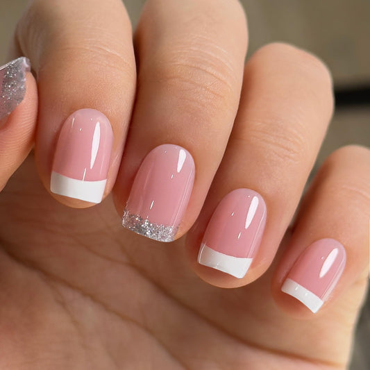 Curvlife Press On Nails Short Square Pink - Glitter Fade French Tip Press on Nails with Glue, Silver Glitter Gradient Glossy Nude Pink Fake Nails Long Lasting False Nail Tips for Women