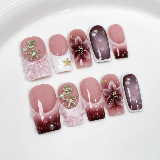 10Pcs Square Press on Nails Medium Handmade Fake Nails with 3D Flower Shell Starfish Design Acrylic Nails Press Ons Full Cover Artificial Gradient French Tip Stick on False Nail for Women (Size M)