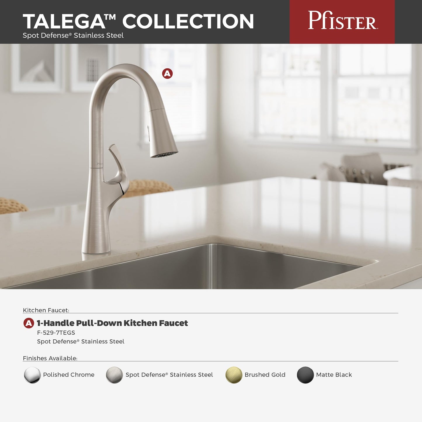 Pfister Talega Kitchen Faucet with Pull Down Sprayer, Single Handle, High Arc, NSF Certified, Spot Defense Stainless Steel Finish, F5297TEGS