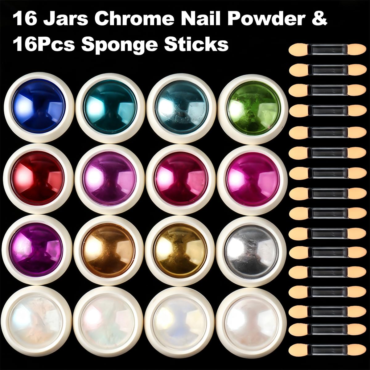 16 Jars Chrome Nail Powder Magic White Pearl Kit Mirror Effect Metallic Nail Art Pigment Fine Glitter Dust for Gel Polish Nail Art Decoration, Home DIY Salon Use