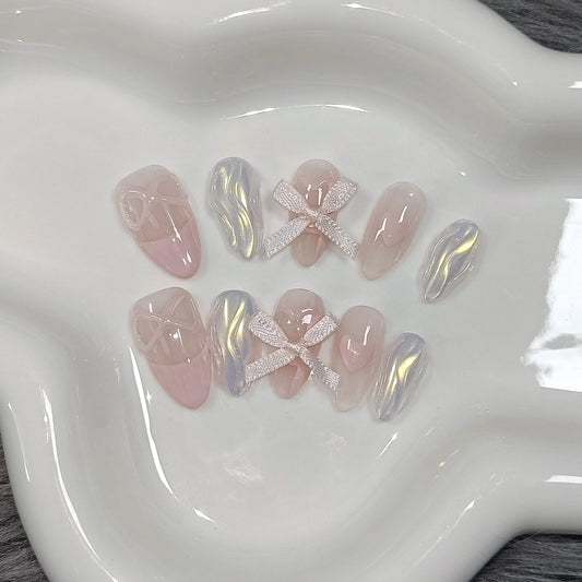 TENPAL French Tip Press On Nails Short Almond Nude Pink Gel Fake Nails With Glue Aurora French False Nails With Sparkling Waves 3D Bow 10pcs/Box Lovely Sweet Cute Acrylic Stiletto Nail Tips(XS)