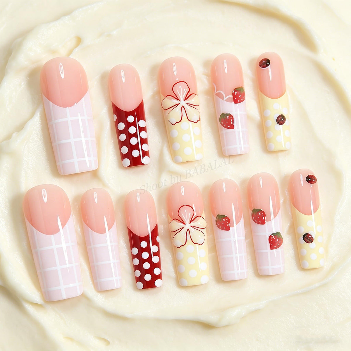 BABALAL Press On Nails, Long Square Fake Nails, Pink Yellow With Strawberry, Floral & Polka Dot Design, Cute Summer Glossy Full Cover Reusable Glue On Nails For Women And Girls 24Pcs