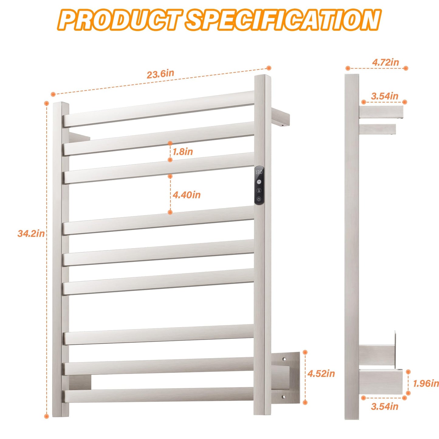 DAWEYEAL 9 Bars Wall Mounted Towel Warmer, Heated Towel Rack for Bathroom, Smart Control with 24-Hour Timer, Plug-in or Hardwired Installation Hot Towel Rack, Stainless Steel Towel Warmer Rack