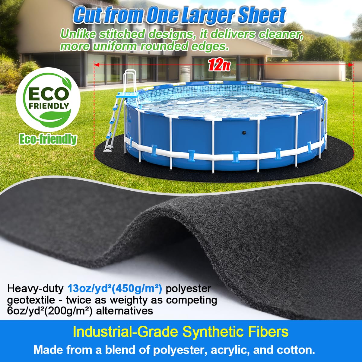 Abimars Pool Liner Pad for Above Ground Pools, 12 FT Round Extra-Thick Pool Mat, Seamless Comfort Underfoot, Puncture-Resistant Industrial-Grade Black Synthetic Fiber Pad