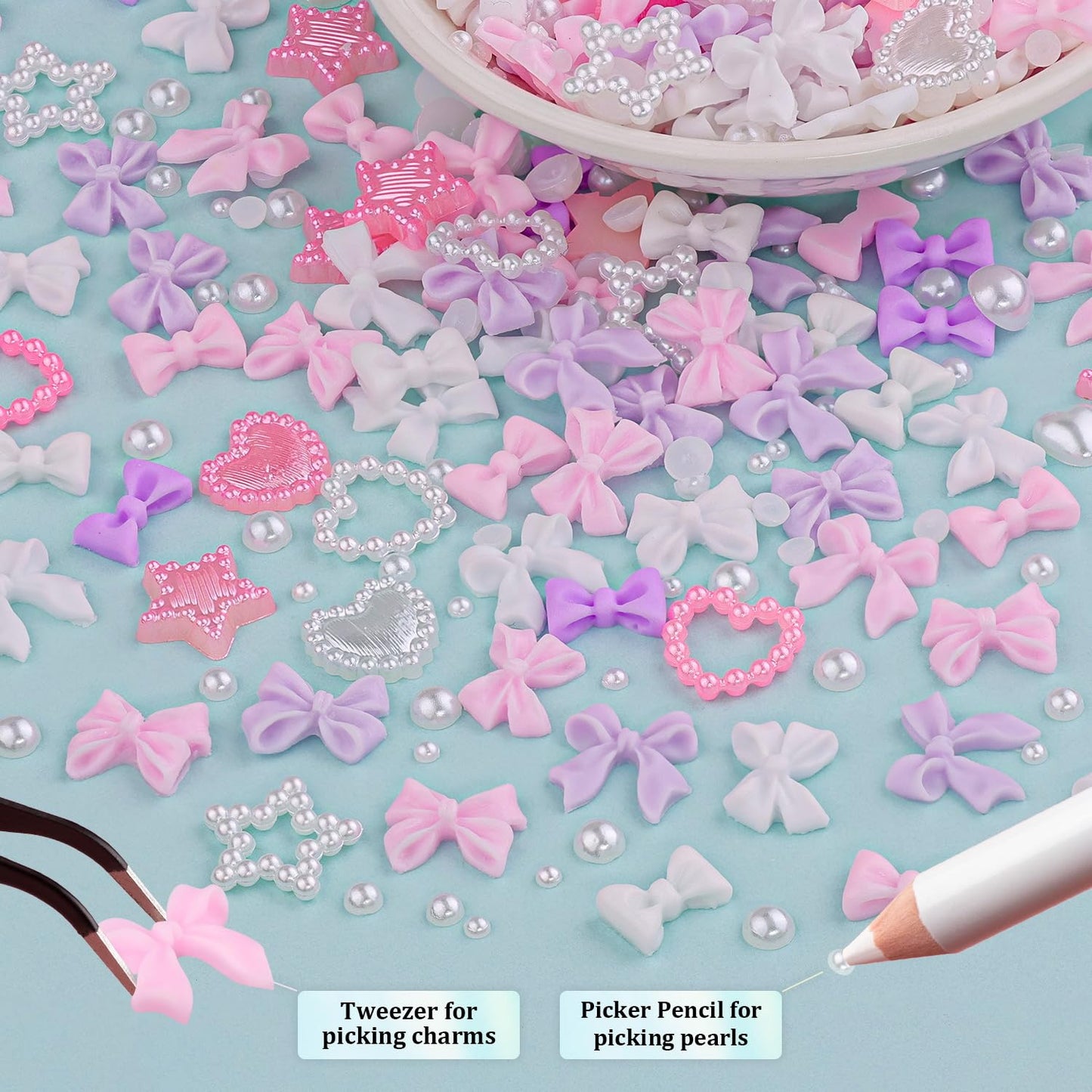 3D Nail Charms and Flatback Pearls #3, 600 Pcs Pink White Lilac Multi Styles Bowknot Charms + Pink&White Star Heart Nail Jewels + 2-6mm White Nail Pearls for Nail Art Design with Pickup Tools