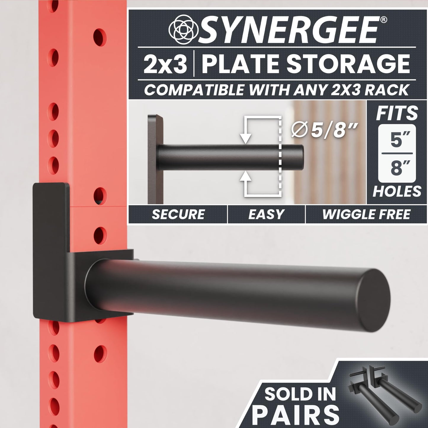 Synergee Weight Plate Storage Peg for 2x3 Power and Squat Racks. Fits 5/8" Holes. Rack-Mounted Olympic Plate Holder for Organized Weight Storage."