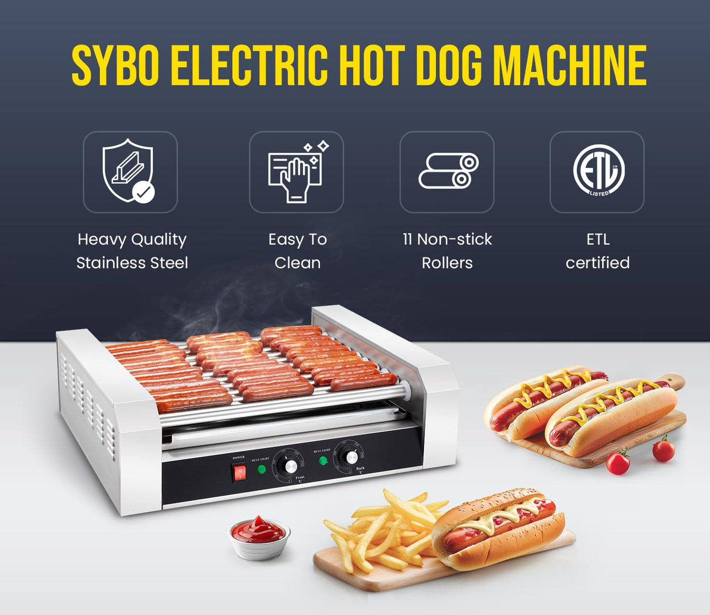 SYBO Hot Dog Roller, 30 Hot Dogs 11 Rollers Grill Cooker Machine with Removable Stainless Steel Drip Tray, 1430-Watts, Ideal for Commercial And Party Use