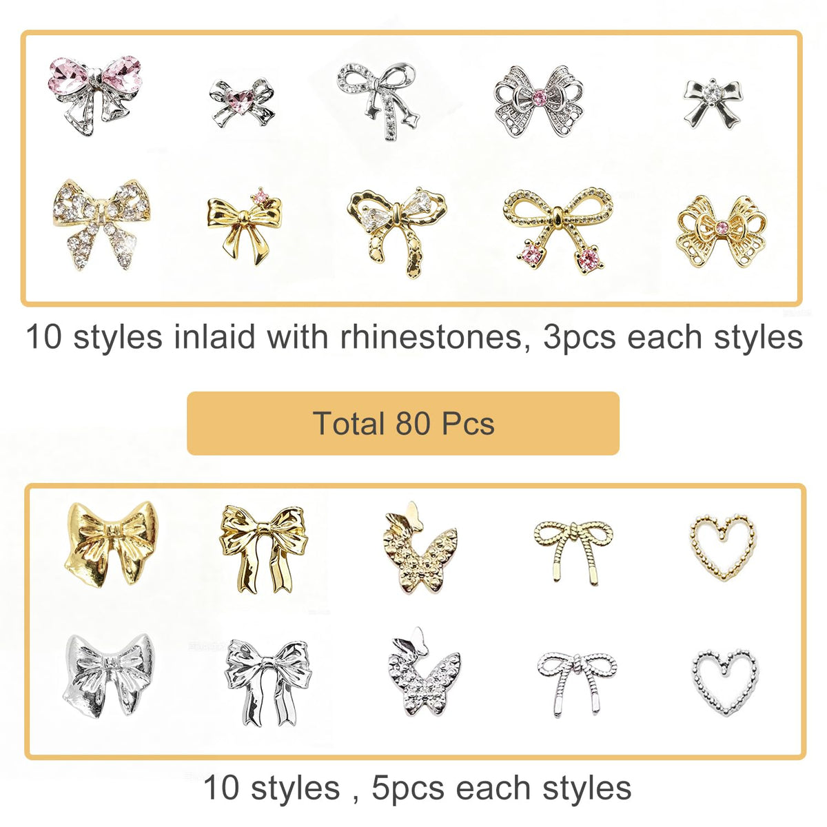 80Pcs Bow Nail Charms Gold Silver Bowknot Nail Art Charm and Gems with Rhinestones Shiny Nail Jewelry Acrylic Accessories for Women Girl DIY Nail Decorations