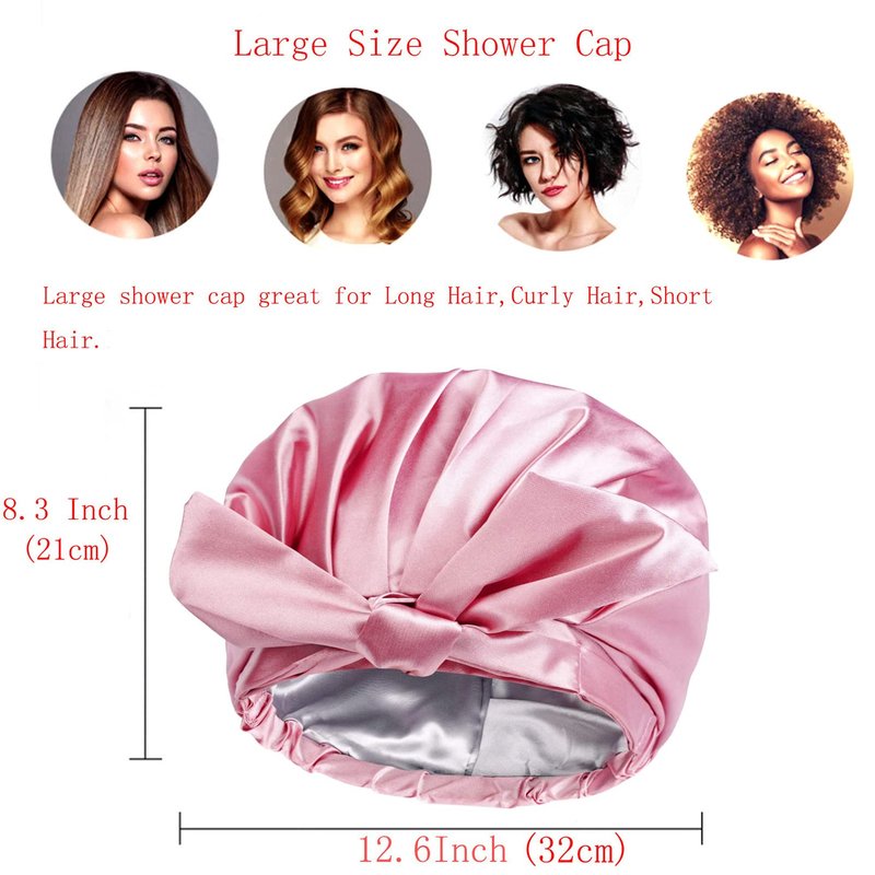 ZKLLGHE Large Shower Cap for Women Reusable Waterproof Adjustable Shower Caps with Silk Satin Lined Luxury Shower Cap for Long Hair(Pink)