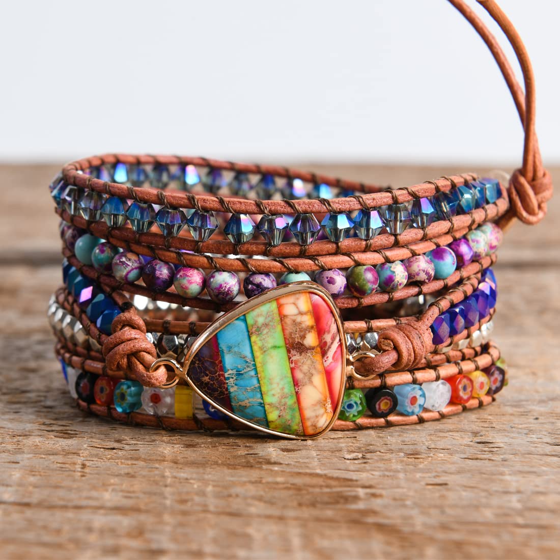 YGLINE Imperial Jasper Chakra Bracelet Wrap Leather Healing Natural Stones Jewelry