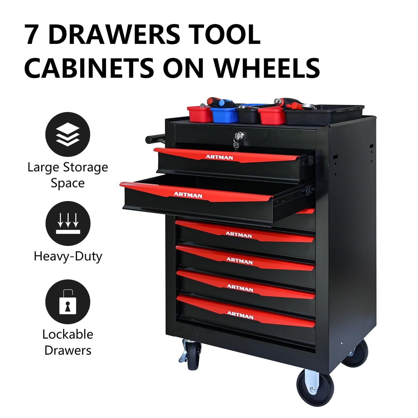 nifoti 7 Drawers Tool Cart on Wheels, Multifunctional Rolling Tool Storage Chest, Drawers Rolling Trolley Organizer Tool Box for Warehouse, Garage, Workshop, Repair Shop (7 Drawers-30.5"H)