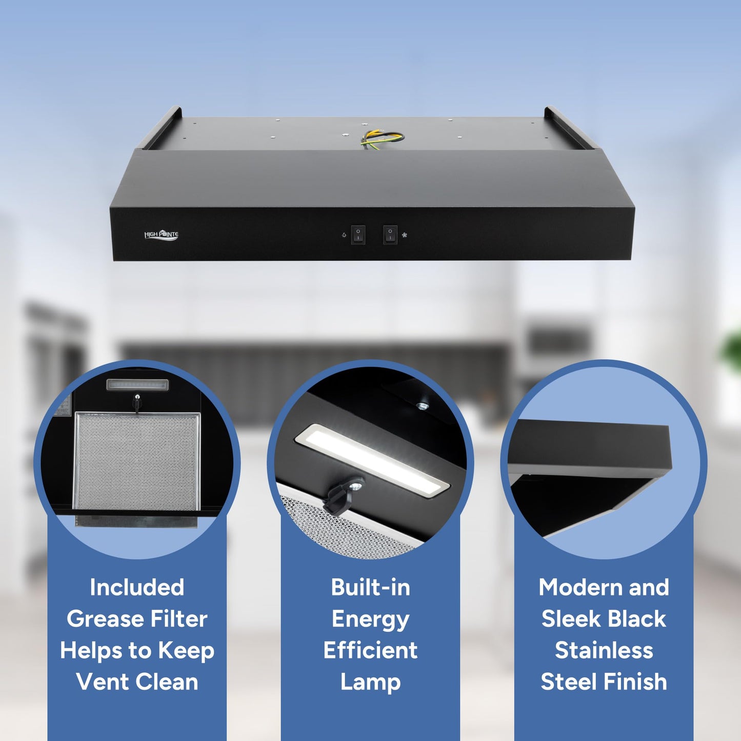 High Pointe 12V Range Hood | Stainless Steel Finish | LED Lamp | Grease Filter (Black, 22")