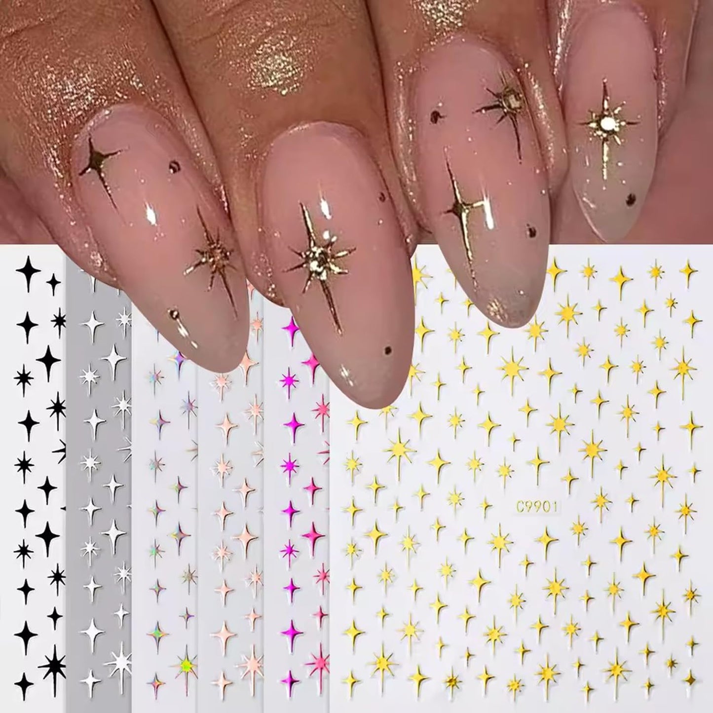 Star Nail Art Sticker 3D Glitter Metallic Laser Starlight Nail Stickers Silver Star Champagne Gold Black Shiny Sparkle Star Nail Tip Foil Adhesive Decals for Woman DIY French Manicure Accessories 6pcs