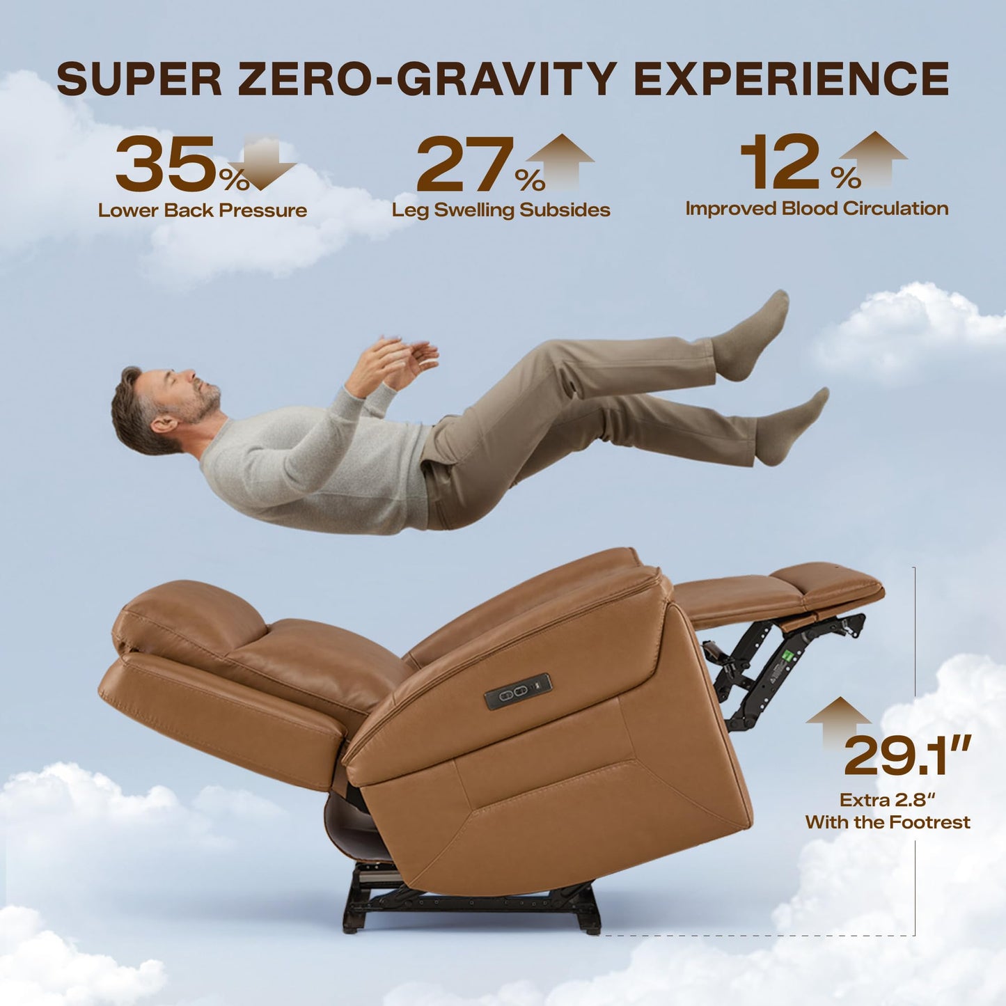 Watson & Whitely Super Zero Gravity Power Recliner Chair with Power Headrest, Genuine Leather Recliner with USB & Type-C Ports, Electric Reclining Sofa Chair for Living Room, Bedroom, Saddle Brown
