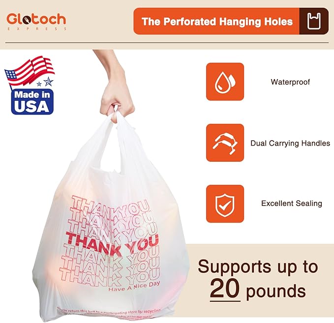 Glotoch Plastic Thank You Bags 1000 Count, 11.5" x 6.5" x 21" White Grocery Bags with Handles for Restaurant, Retail, Grocery Store, Takeout, Convenience Stores, T-shirt Shopping Bag in Bulk