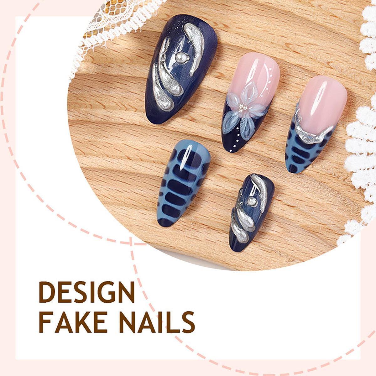 RUOKEXIN Almond Press on Nails French Tip Fake Nails Medium False Nails with 3D Flower Designs Blue Spring Nail Press ons Sparkly Artificial Nails for Women 24Pcs