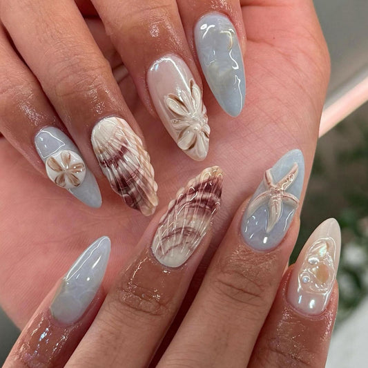 Blue Ocean Press on Nails Medium Almond Fake Nails with 3D Starfish Design Summer Shell False Nails Acrylic Nails Glossy Full Cover Artificial Nails Stick on Nails Nails Pearls for Women Decor 24pcs