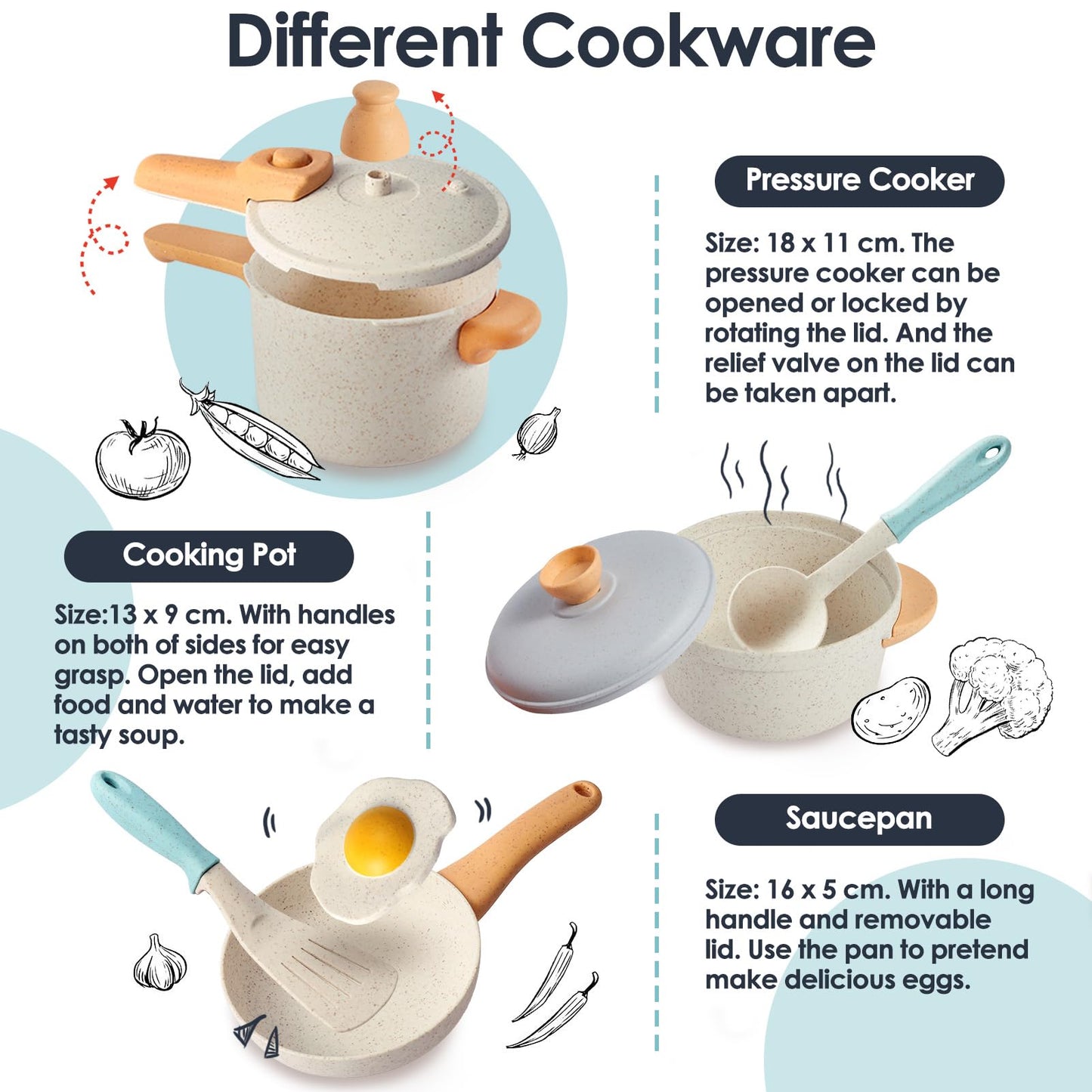 BUYGER Kids Play Kitchen Pots and Pans Set, Pretend Play Cooking Cookware Accessories Toys Utensils Playset for Toddlers Boys Girls Ages 3-5+ Years Old