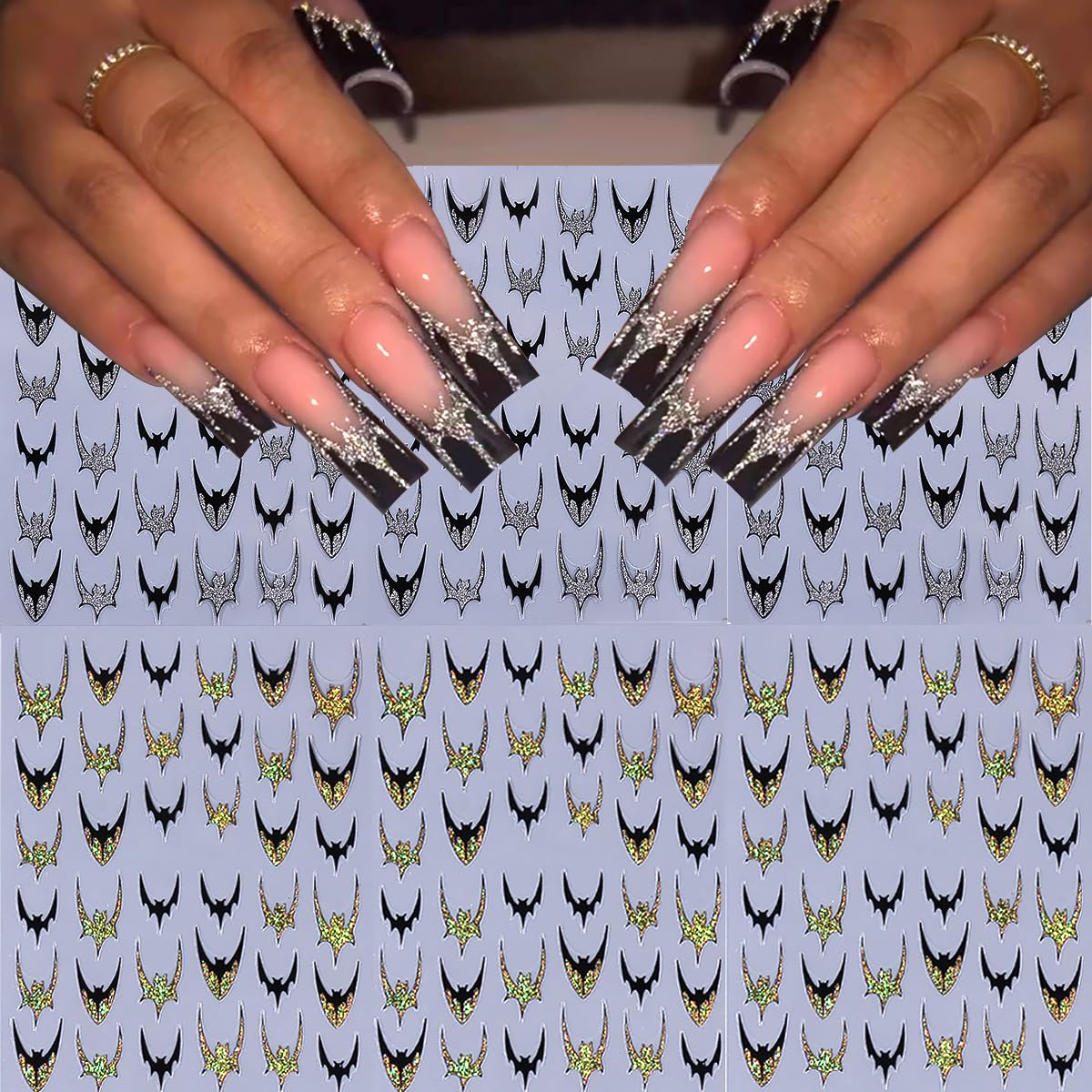 6 Sheets Halloween Bat Nail Stickers for Nail Art 3D Self Adhesive Gothic Bat Nail Decals with Exquisite Gold Silver Glitter French Nail Designs Stickers Holiday Decoration Nails Supply for Women DIY