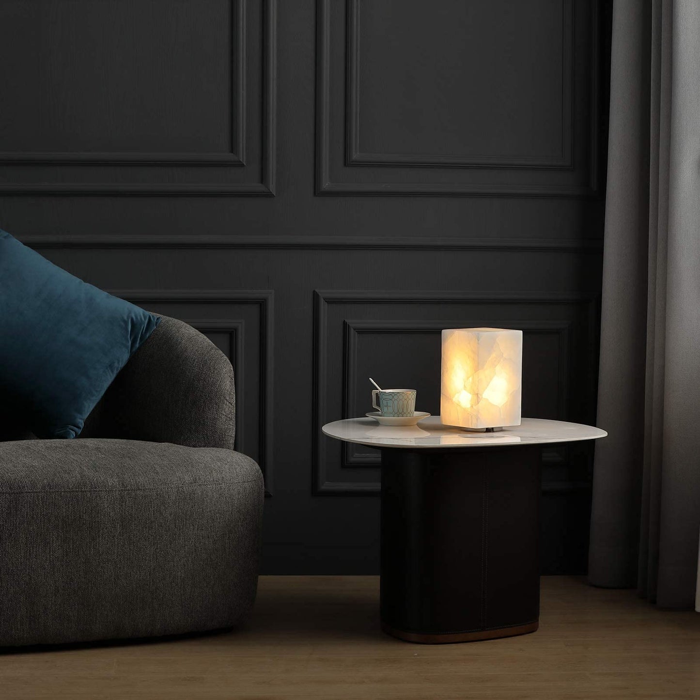 Artsolute Natural Solid Stone Table Lamp with One-of-a-Kind Crystal Texture, Small Accent Lamp with 3 Colors Dimmable LED, Unique Lamp for Bedroom Living Room, Cuboid White