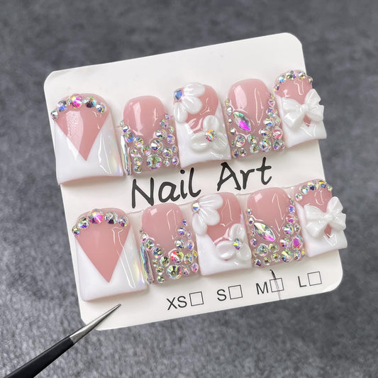 Handmade Press on Nails Rhinestones Press on Nails Short Duck Shaped Fake Nail White French Acrylic Nails Full Cover Reusable Flower False Nail for Women Girls Nail Accessories (Size S)