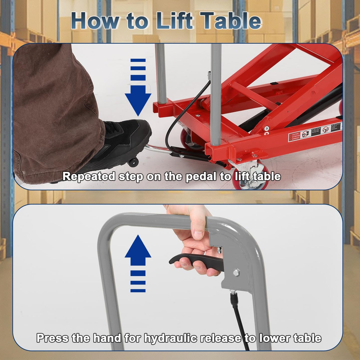 Hydraulic Lift Table Cart, 1100 LB Capacity, 32 in Lifting Height, Manual Single Scissor Lift Cart with Non Slip Platform & Wheels, Heavy Duty Lifting Table for Warehouse Shop, Red