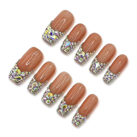 Yabonica Press On Nails French Tip,10 Pcs Handmade UV Gel Acrylic Nails Press Ons Square,Luxury Glue On Fake Nails with Rhinestone&Glitter Salon Design,Nature Stick On Fake Nails for Women Gift(012M)